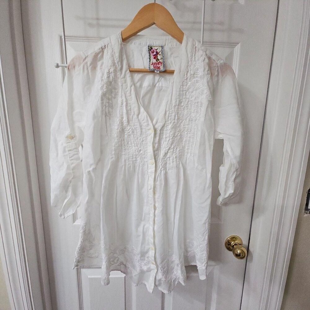 Johnny Was White Embroidered Button Front Tunic Shirt Size S